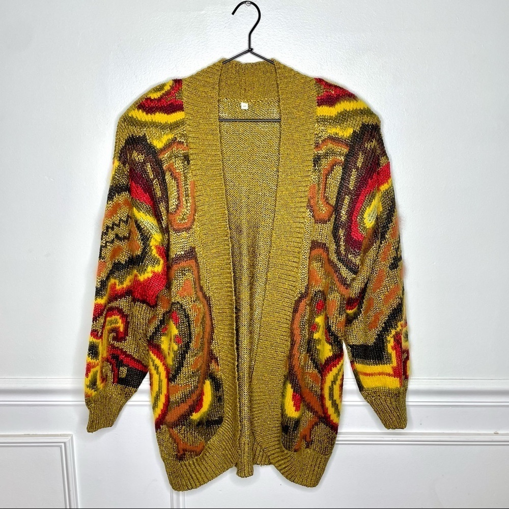 Vintage Autumnal Multicolor Cotton Angora Blend Open Knit Cardigan Womens L/XL